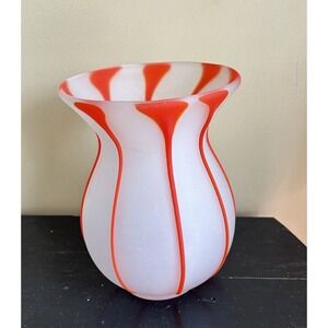 hand Blown Satin Glass With Orange Textured Stripes Vase approx‎ 8-1/2" tall